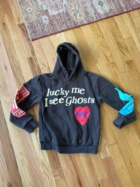 Black Graphic Hoodie with Heart and Sleeve Prints